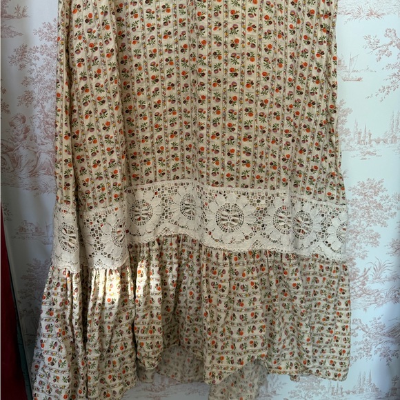 Vintage 1970s Calico Floral Dress Crochet Maxi High Waist Peasant Cottage Gown - Picture 5 of 7